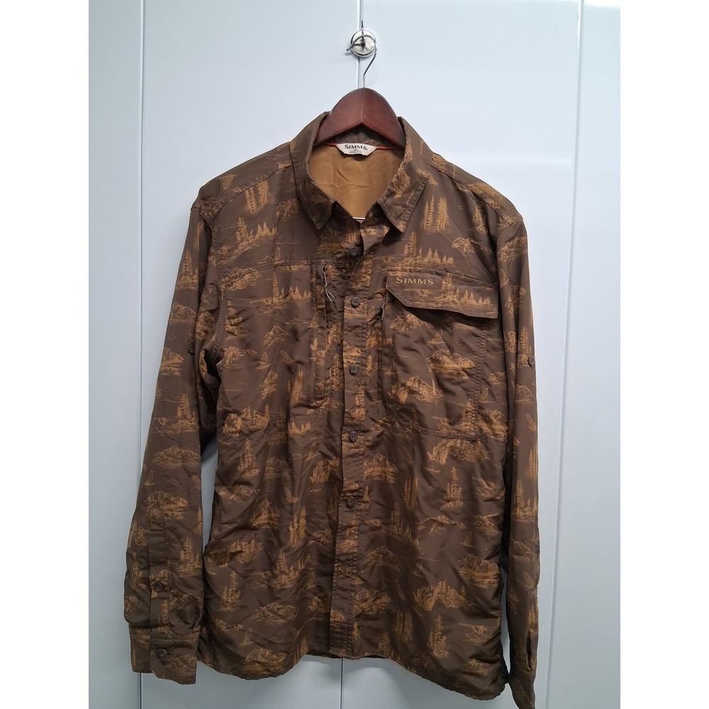 Simms Mens Brown Ripstop Fishing Shirt Long Sleeve Wilderness Print Size M